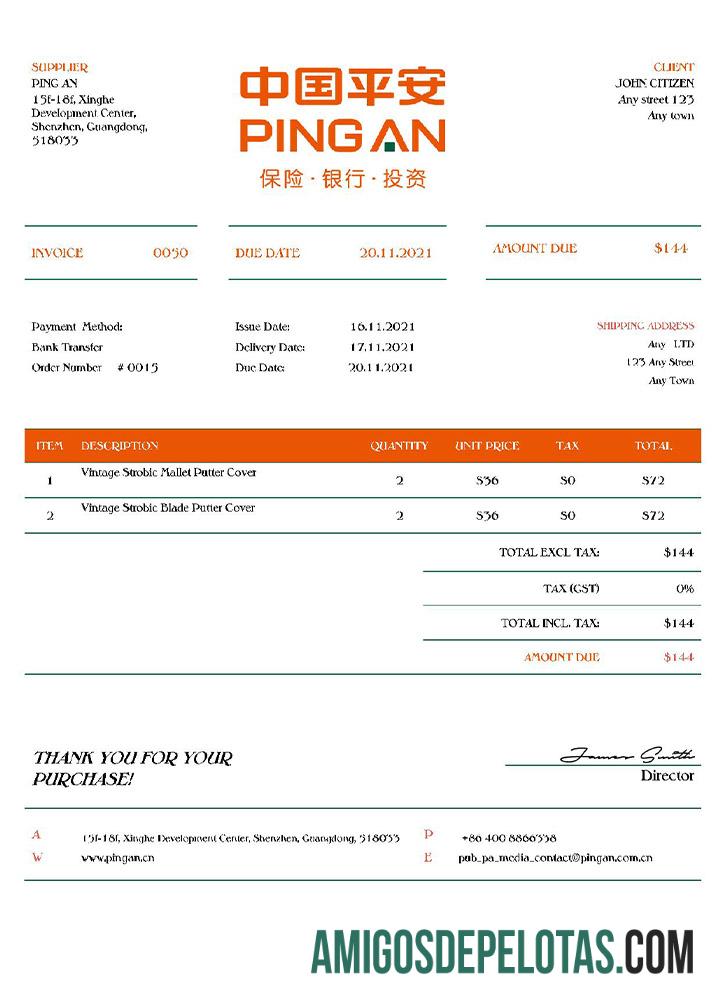 EUA Ping An Fatura modelo